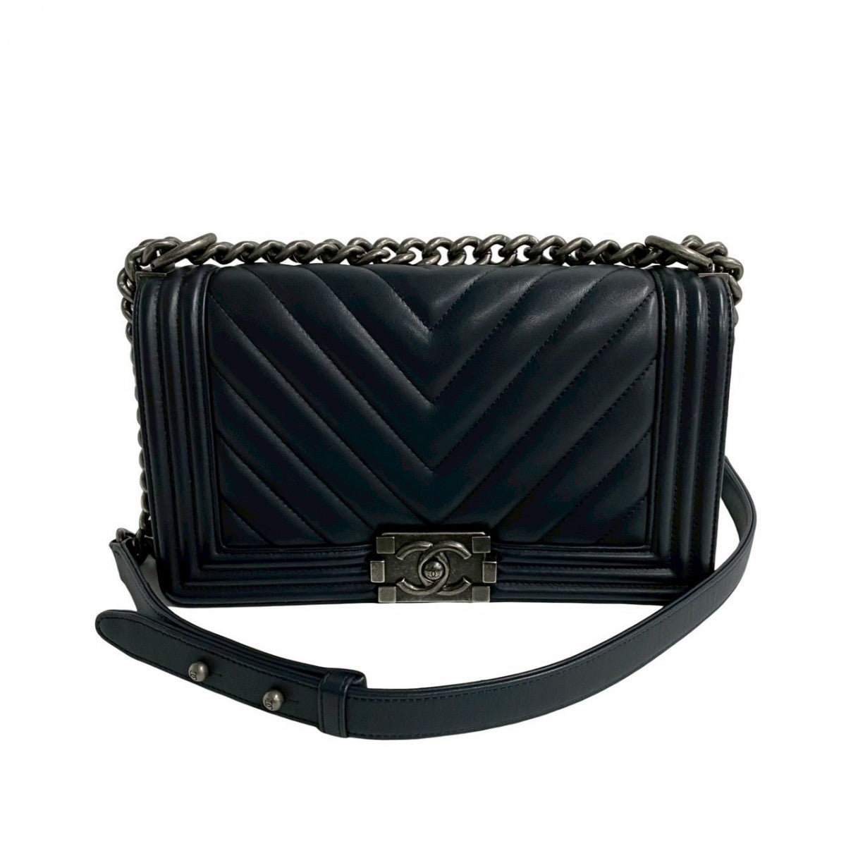 CHANEL Shoulder Bag leather Navy COCO Mark Restitch Boy chanel Women