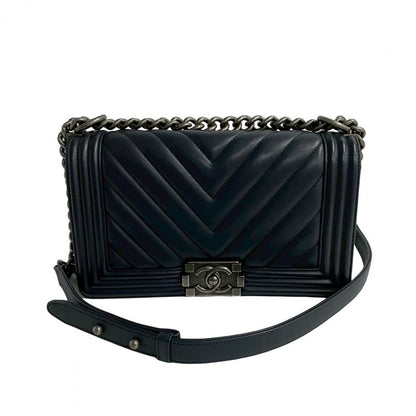 CHANEL Shoulder Bag leather Navy COCO Mark Restitch Boy chanel Women