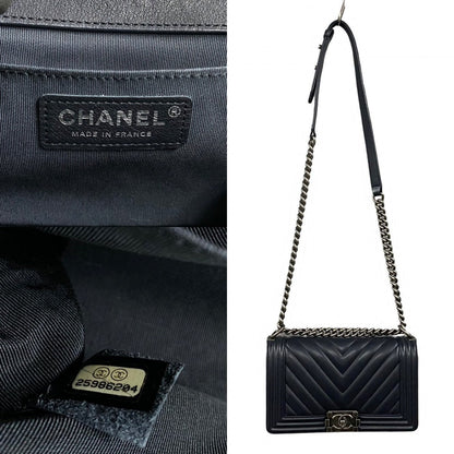 CHANEL Shoulder Bag leather Navy COCO Mark Restitch Boy chanel Women