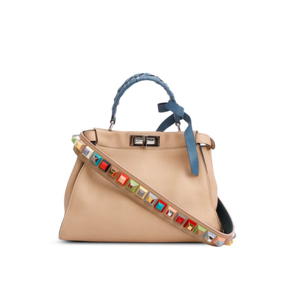 Fendi Beige Calfskin Leather Medium Peekaboo Blue Ribbon Bag