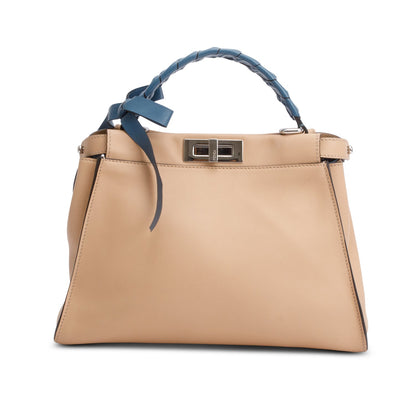 Fendi Beige Calfskin Leather Medium Peekaboo Blue Ribbon Bag