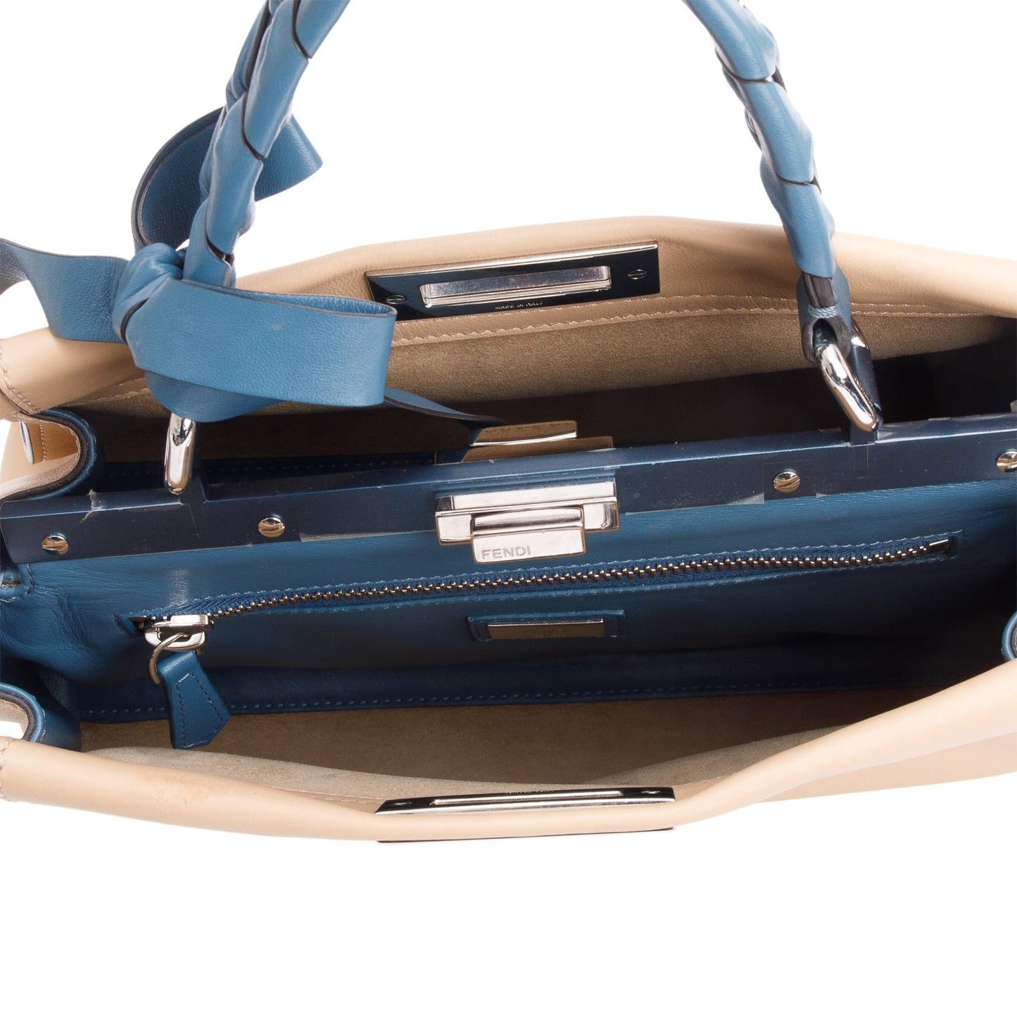 Fendi Beige Calfskin Leather Medium Peekaboo Blue Ribbon Bag