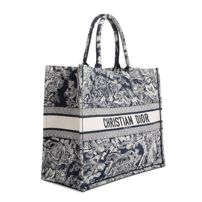 Christian Dior 2022 Large Ecru and Blue Toile de Jouy  Embroidery Canvas Book Tote