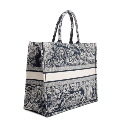 Christian Dior 2022 Large Ecru and Blue Toile de Jouy  Embroidery Canvas Book Tote