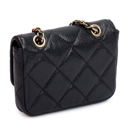 Chanel 2020 Black Quilted Caviar Leather Classic Card Holder Chain Belt Bag