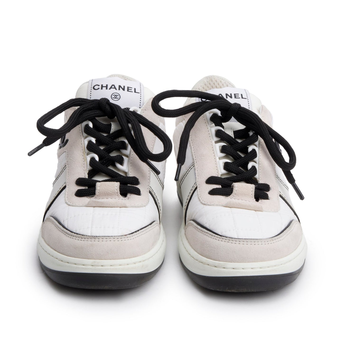 Chanel White Calfskin Nylon Black/Pink Suede CC Logo Tennis Sneakers, Size 35