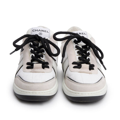 Chanel White Calfskin Nylon Black/Pink Suede CC Logo Tennis Sneakers, Size 35