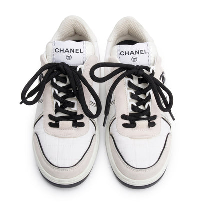 Chanel White Calfskin Nylon Black/Pink Suede CC Logo Tennis Sneakers, Size 35