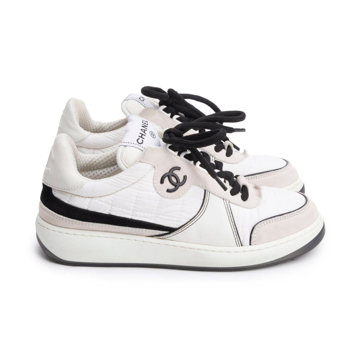 Chanel White Calfskin Nylon Black/Pink Suede CC Logo Tennis Sneakers, Size 35