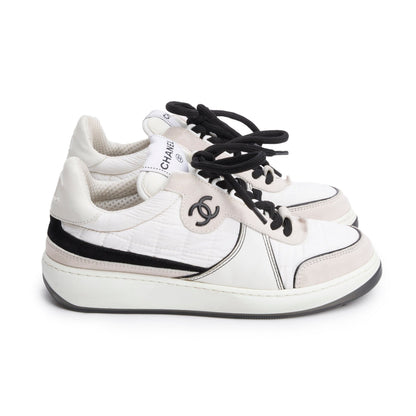 Chanel White Calfskin Nylon Black/Pink Suede CC Logo Tennis Sneakers, Size 35