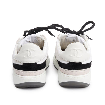 Chanel White Calfskin Nylon Black/Pink Suede CC Logo Tennis Sneakers, Size 35