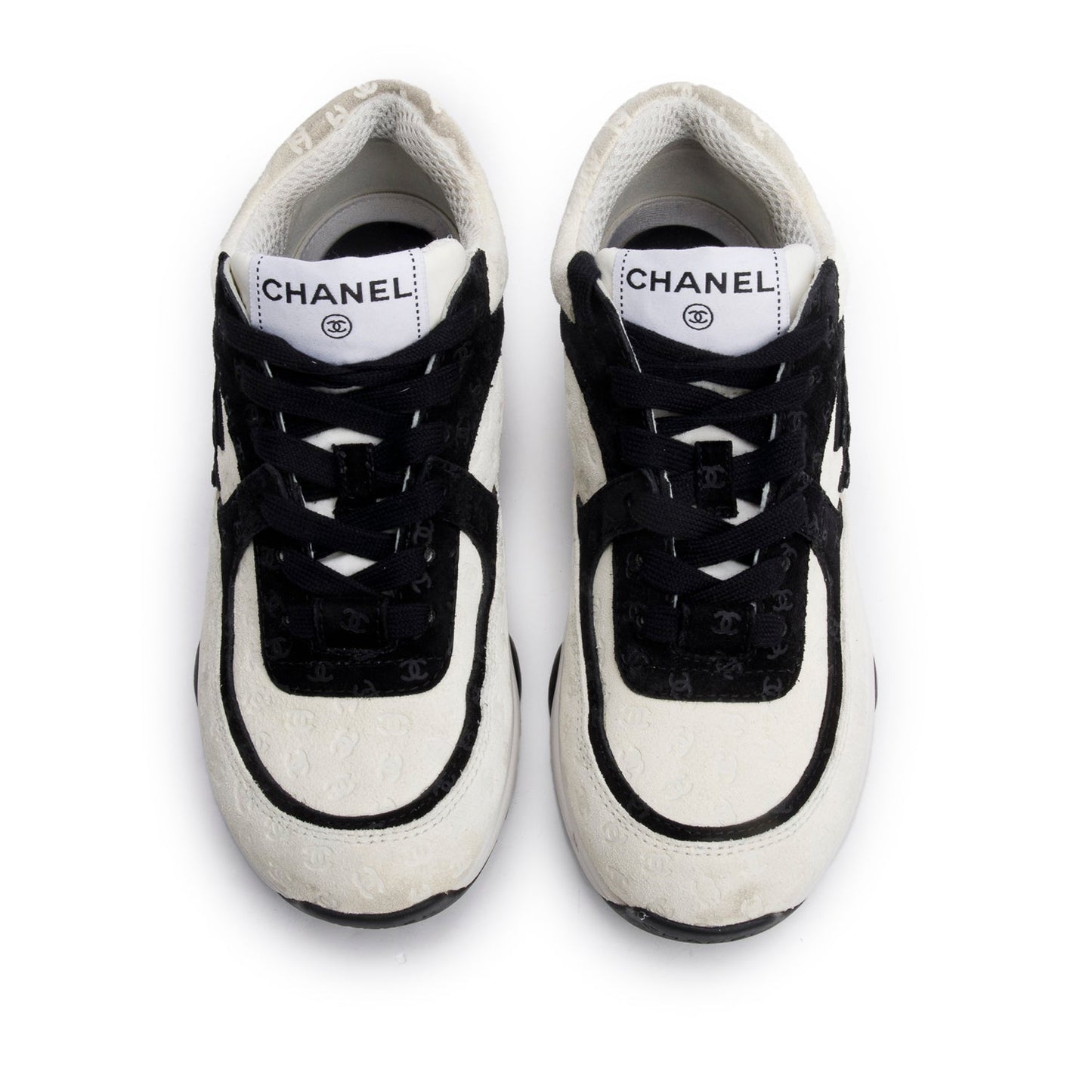 Chanel White/ Black logo Embossed Suede Interlocking CC Logo Sneakers, Size 35