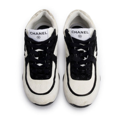 Chanel White/ Black logo Embossed Suede Interlocking CC Logo Sneakers, Size 35