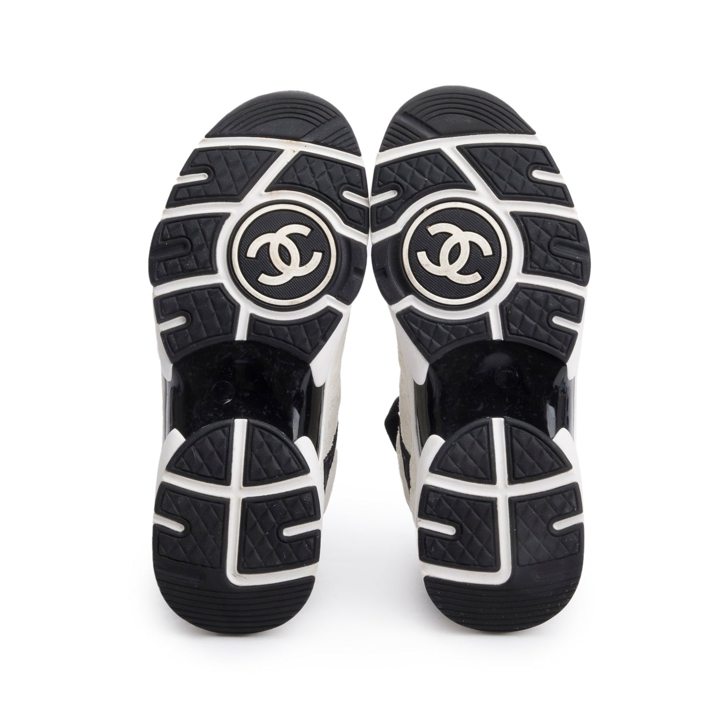 Chanel White/ Black logo Embossed Suede Interlocking CC Logo Sneakers, Size 35