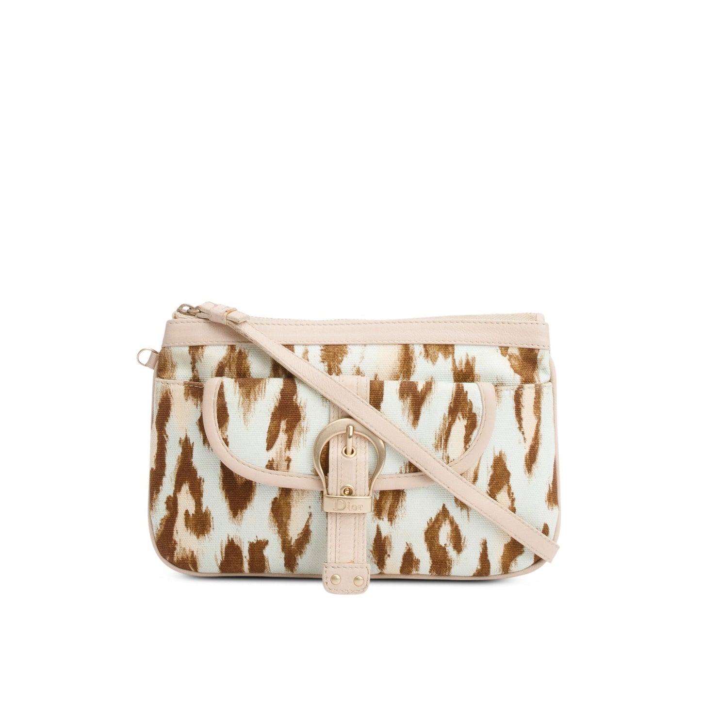 Christian Dior Vintage Leoparf Print Pink Leather Trim Canvas Mini Pochette