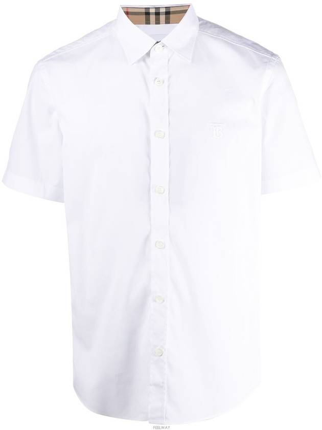 Luxury Burberry Chest Monogram Embroidered Cotton Short Sleeve Shirt White