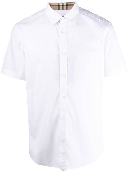 Luxury Burberry Chest Monogram Embroidered Cotton Short Sleeve Shirt White