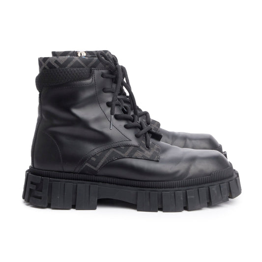 Fendi Black FF Canvas Black Leather Force Combat Boots, Men's Size 10