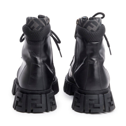 Fendi Black FF Canvas Black Leather Force Combat Boots, Men's Size 10