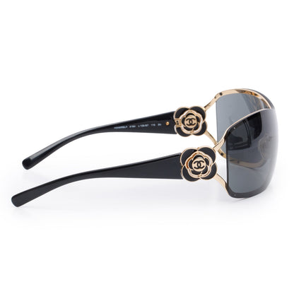 Chanel 4164 Black Acetate Enamel Camellia Shield Sunglasses