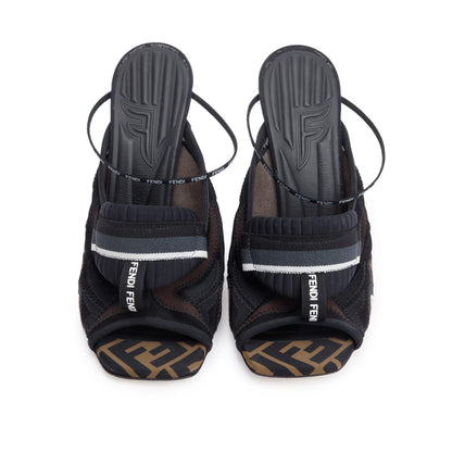 Fendi Brown FF Zucca Neoprene Black Mesh Printed Sandals, Size 40