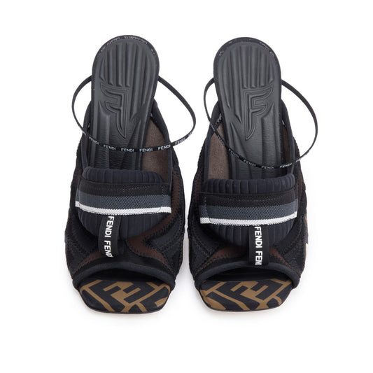 Fendi Brown FF Zucca Neoprene Black Mesh Printed Sandals, Size 40