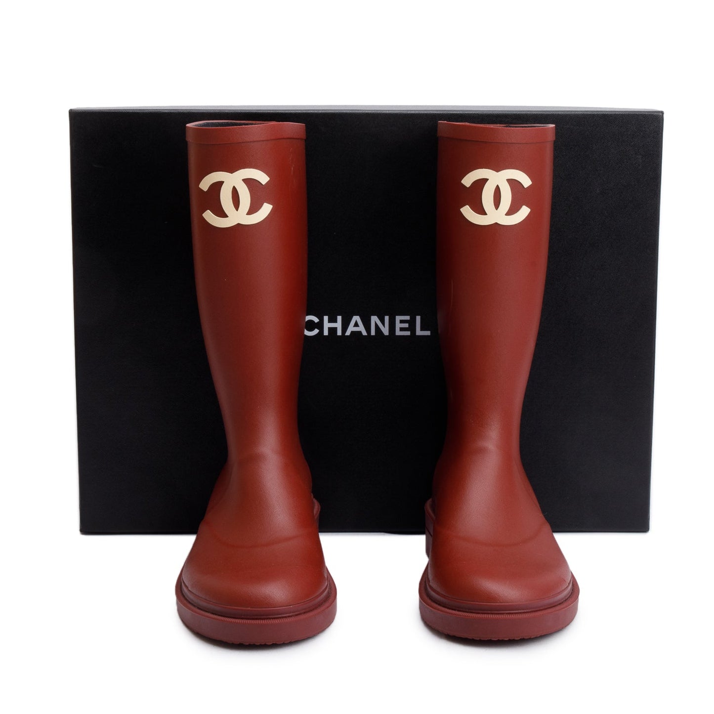 Chanel Dark Red Rubber CC High Rain Boots, Size 37