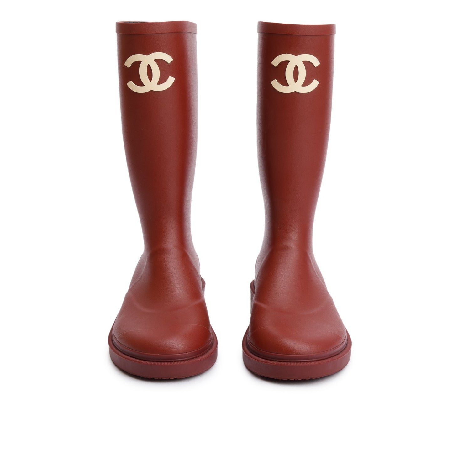 Chanel Dark Red Rubber CC High Rain Boots, Size 37