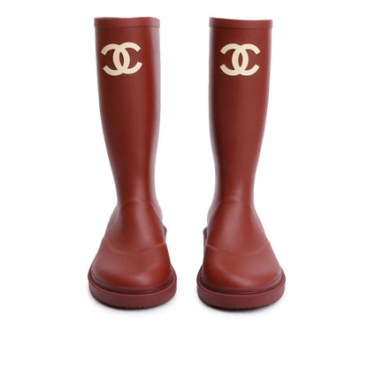 Chanel Dark Red Rubber CC High Rain Boots, Size 37