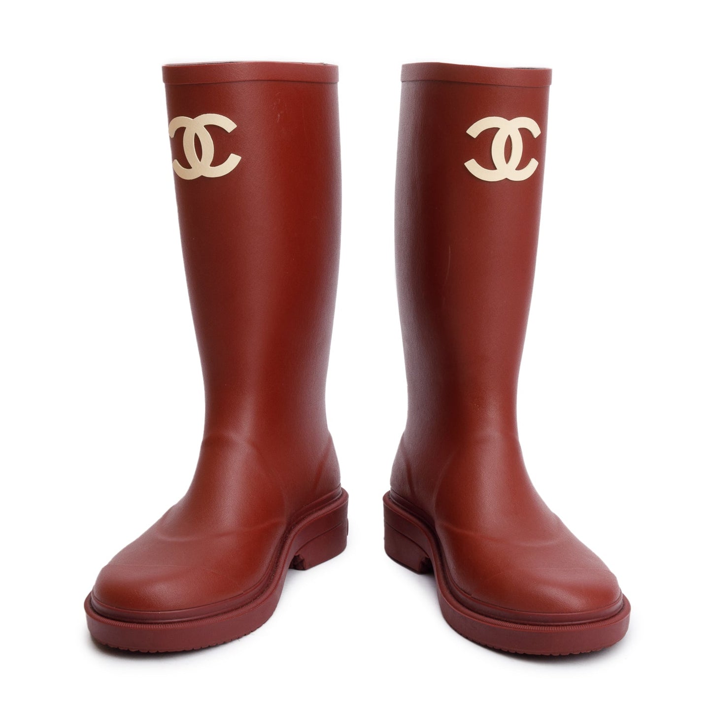 Chanel Dark Red Rubber CC High Rain Boots, Size 37