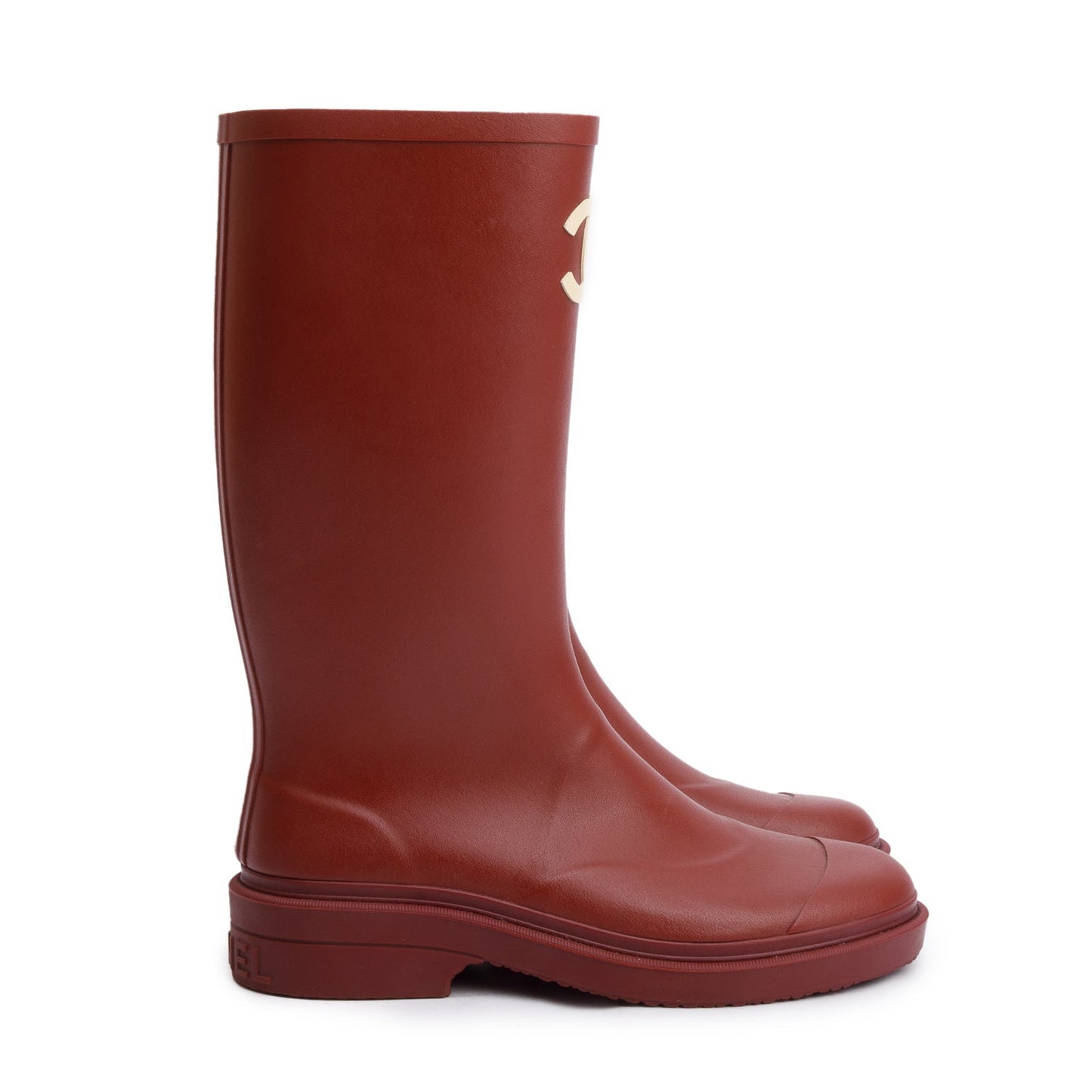 Chanel Dark Red Rubber CC High Rain Boots, Size 37
