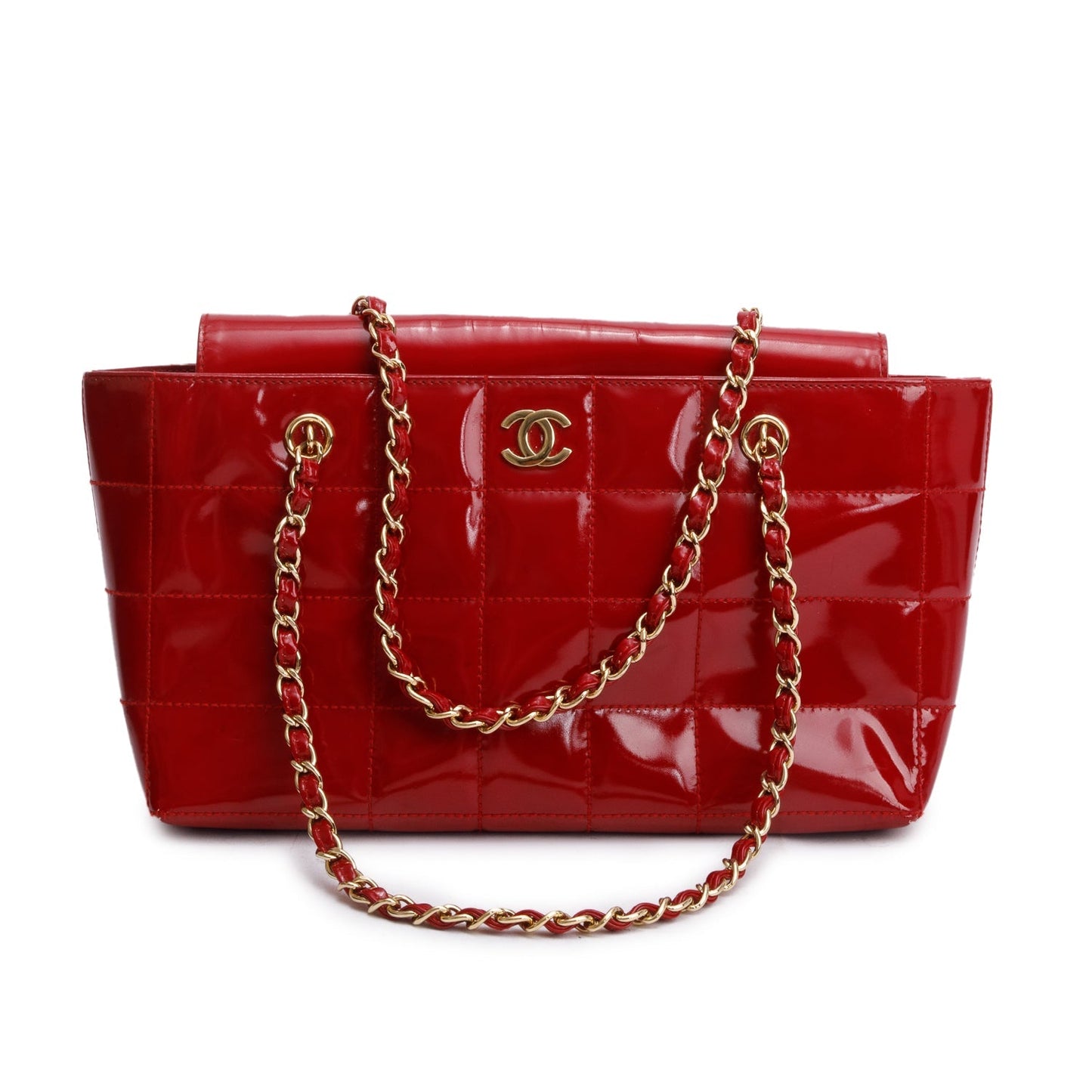 Chanel Red Quilted Patent Leather Chocolate Bar CC Tote