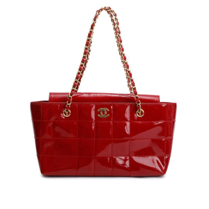 Chanel Red Quilted Patent Leather Chocolate Bar CC Tote