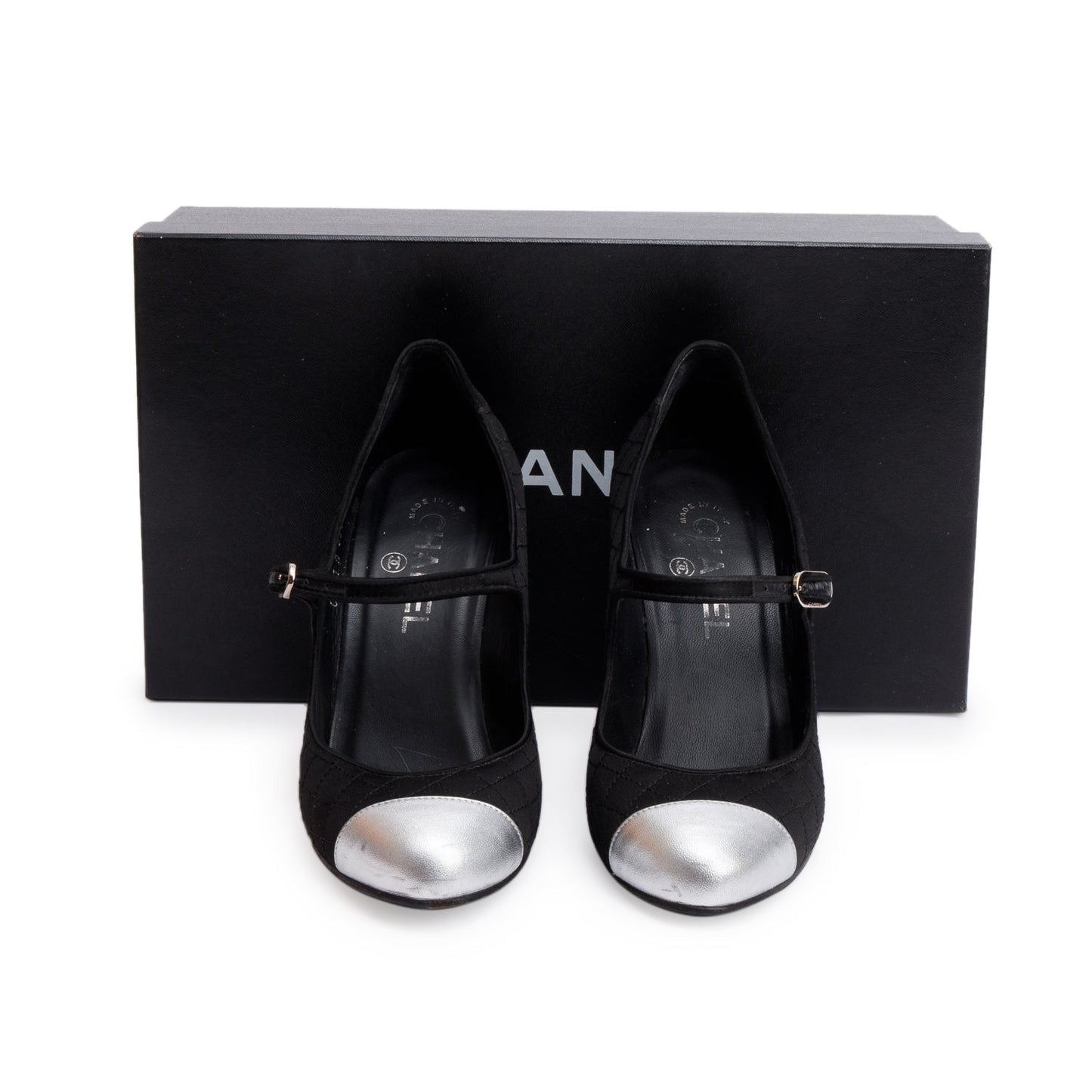 Chanel Black Quilted Satin Silver Leather Cap Toe Mary Jane Pumps, Size 37