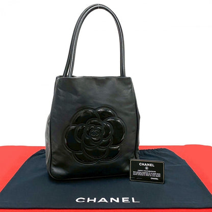 CHANEL Tote Bag leather black logo Camelia Women