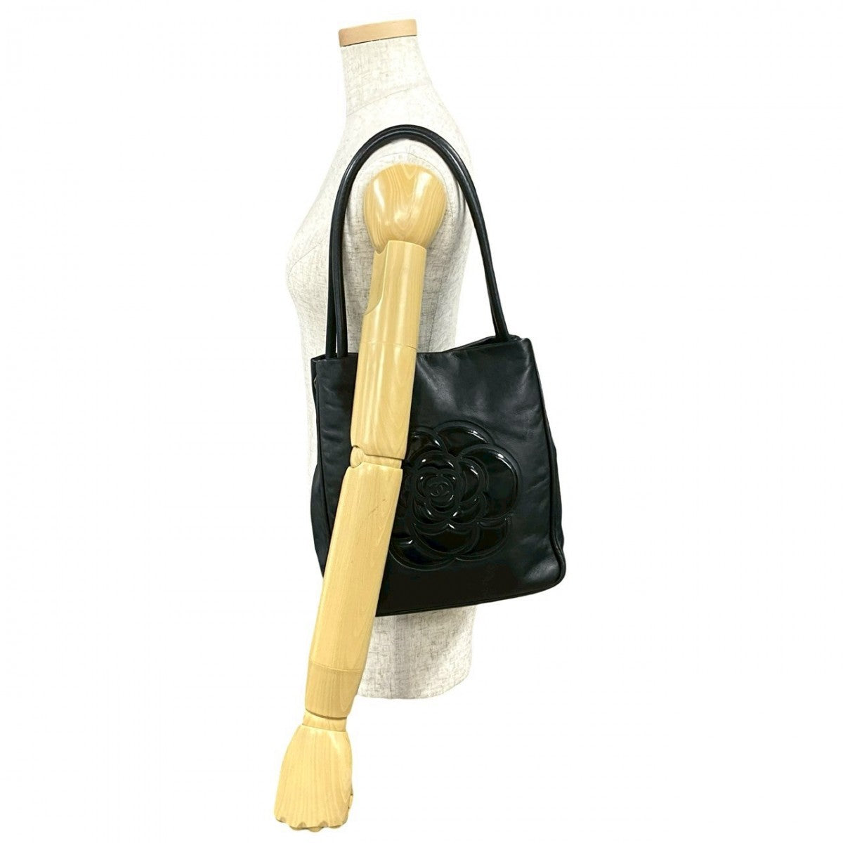 CHANEL Tote Bag leather black logo Camelia Women