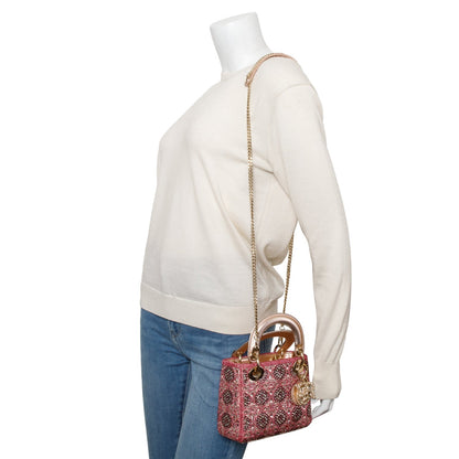 Christian Dior Pink Lambskin & Satin Embroidered Crystal Beads Mini Lady Dior Bag