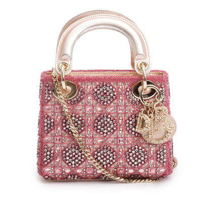 Christian Dior Pink Lambskin & Satin Embroidered Crystal Beads Mini Lady Dior Bag