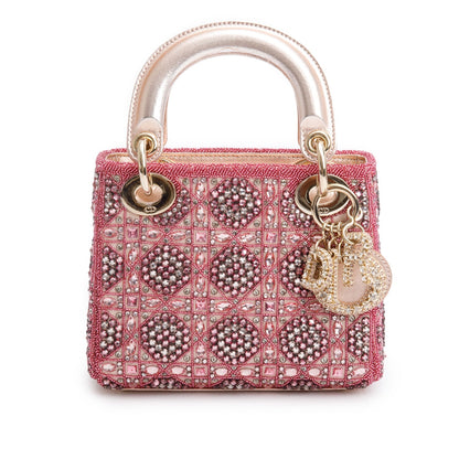 Christian Dior Pink Lambskin & Satin Embroidered Crystal Beads Mini Lady Dior Bag