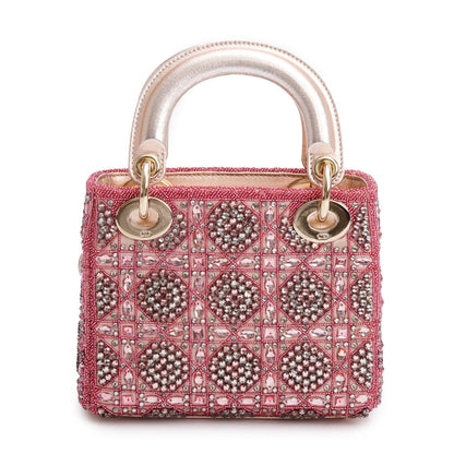 Christian Dior Pink Lambskin & Satin Embroidered Crystal Beads Mini Lady Dior Bag