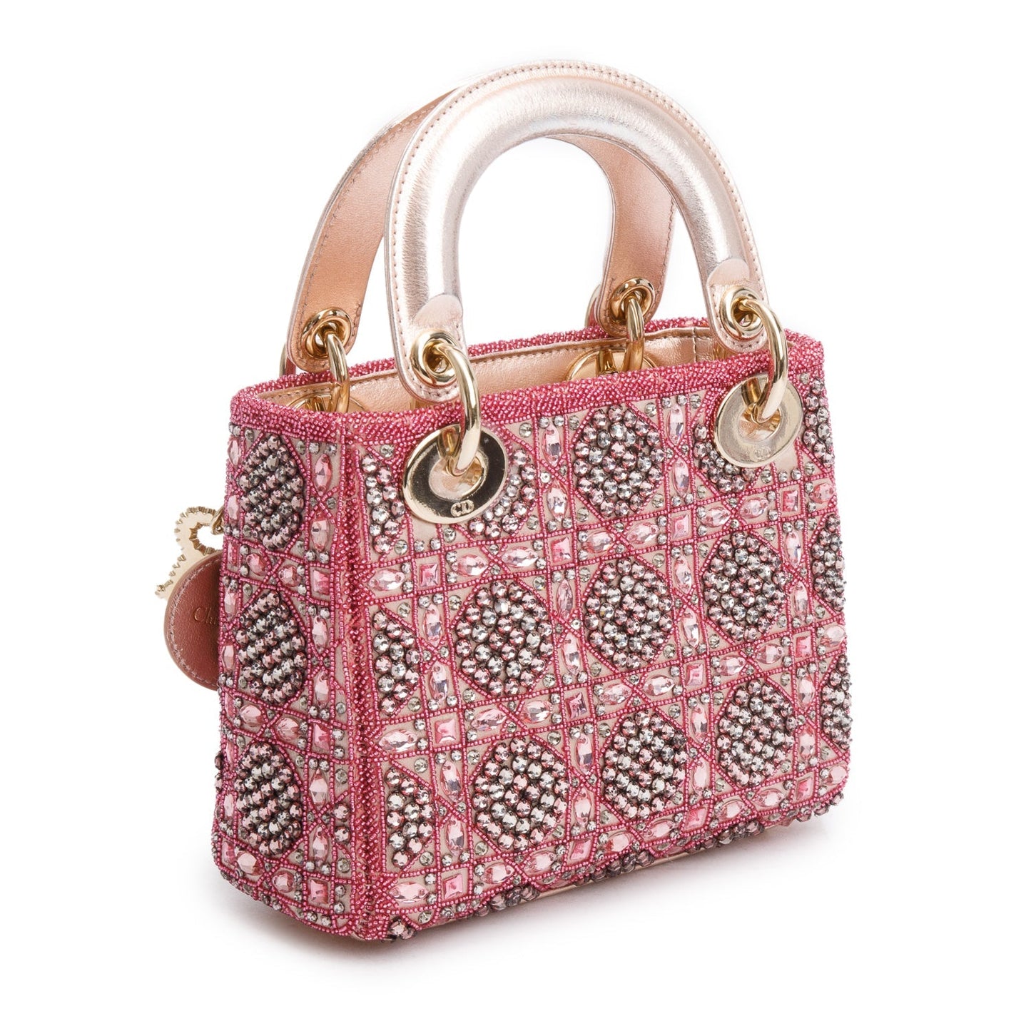 Christian Dior Pink Lambskin & Satin Embroidered Crystal Beads Mini Lady Dior Bag