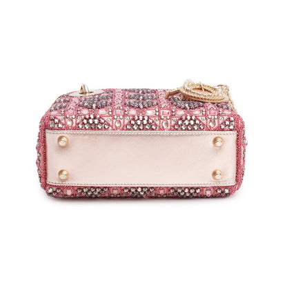 Christian Dior Pink Lambskin & Satin Embroidered Crystal Beads Mini Lady Dior Bag