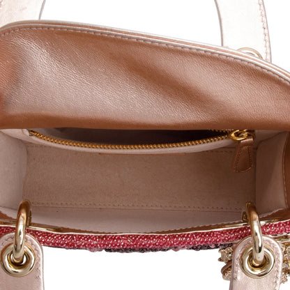 Christian Dior Pink Lambskin & Satin Embroidered Crystal Beads Mini Lady Dior Bag