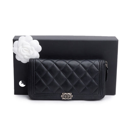 Chanel Black Caviar Leather Boy Long Zip Around Wallet