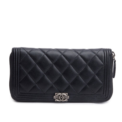 Chanel Black Caviar Leather Boy Long Zip Around Wallet