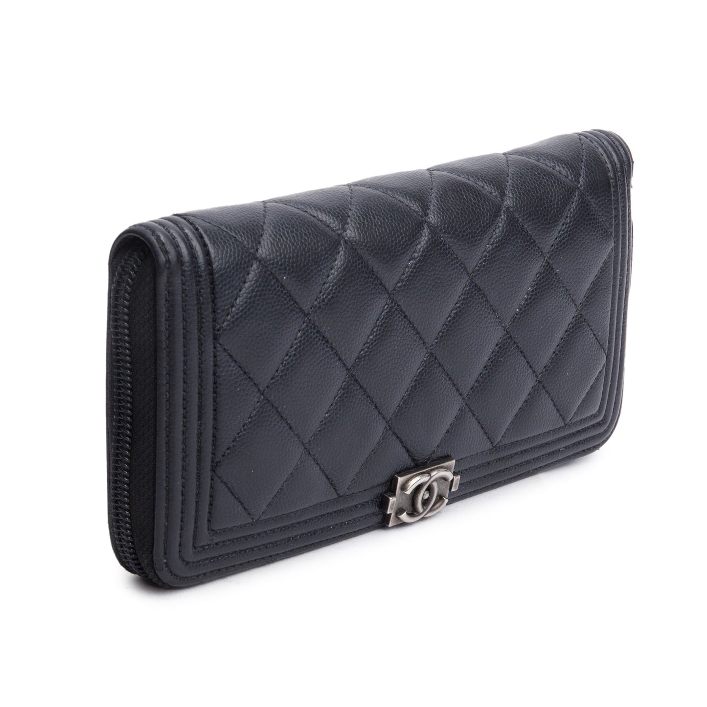 Chanel Black Caviar Leather Boy Long Zip Around Wallet