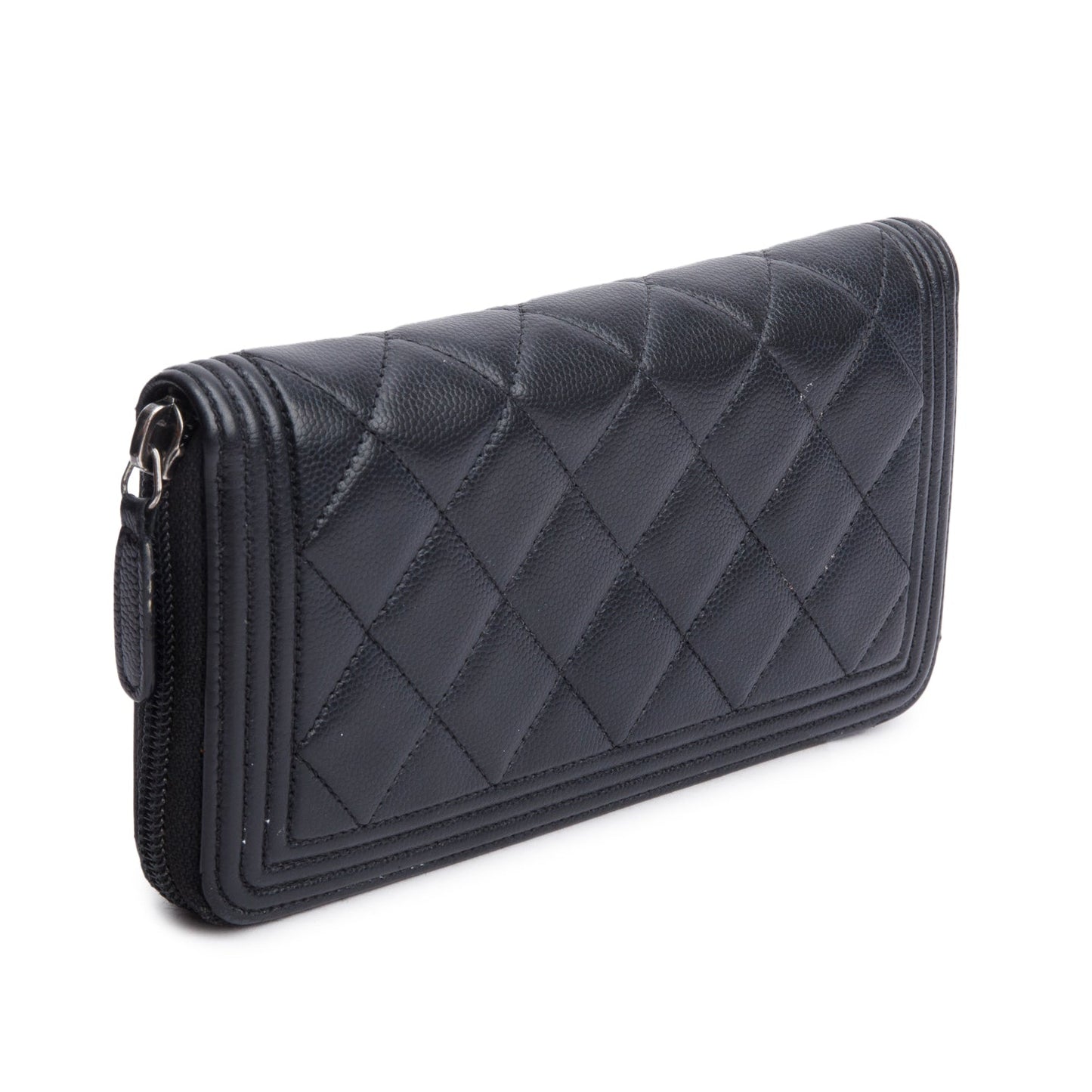 Chanel Black Caviar Leather Boy Long Zip Around Wallet