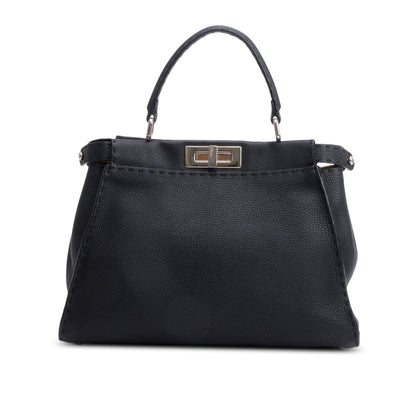 Fendi Black Leather Romano Selleria Medium Peekaboo Bag