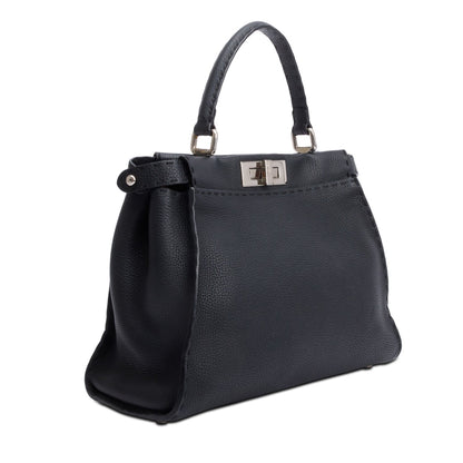 Fendi Black Leather Romano Selleria Medium Peekaboo Bag