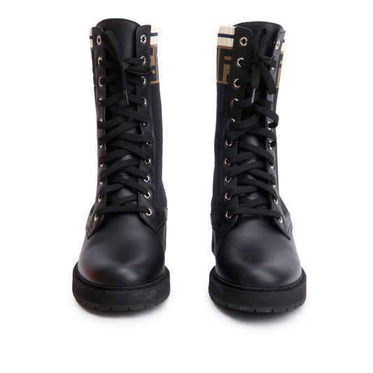 Fendi Black Leather FF Stretch Fabric Rockoko Biker Boots, Size 38